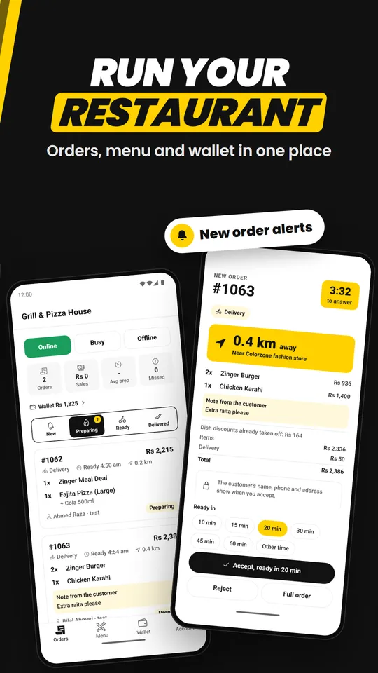 The JaldiGO restaurant screens: the orders board and a new order alert with the distance to the customer.