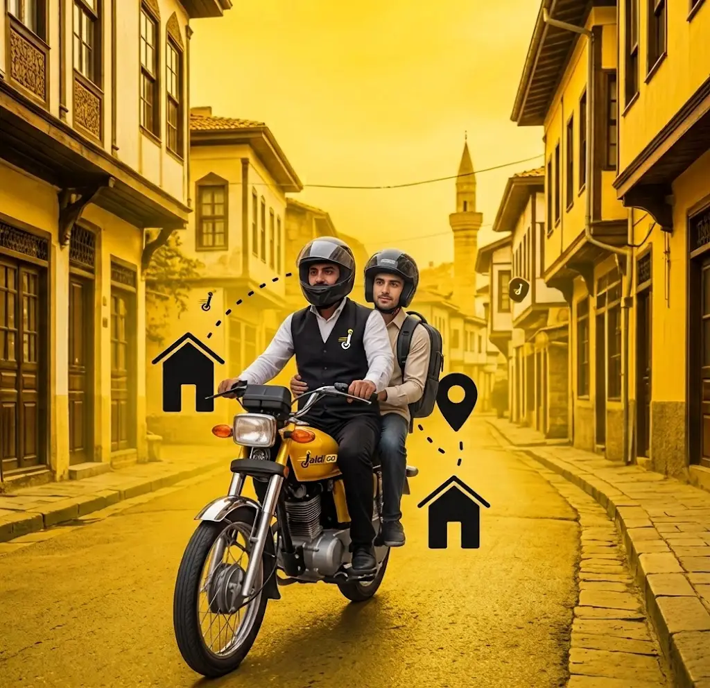 A JaldiGO rider carrying a passenger on a motorbike, both in helmets, with pickup and drop-off markers along the route.